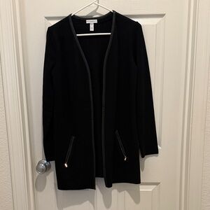 Charter Club Petite Black Open Front Cardigan Faux Leather Trim P/